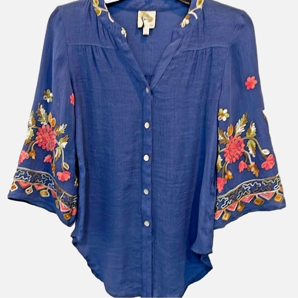 Fig and Flower Blue Embroidered Boho Peasant Blouse Petite Small Bell Sleeve
